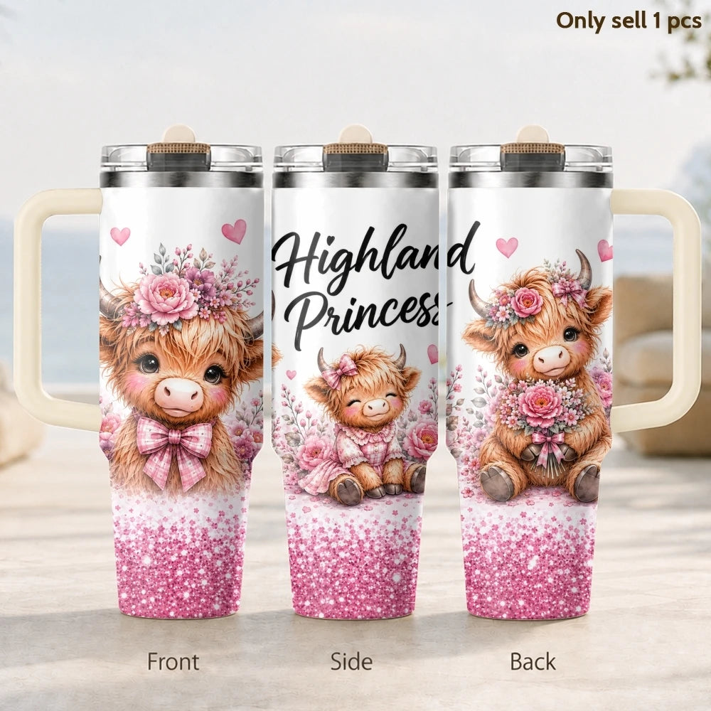 40oz Highland Cow Tumbler – Happy Life Insulated Stainless Steel Travel Mug