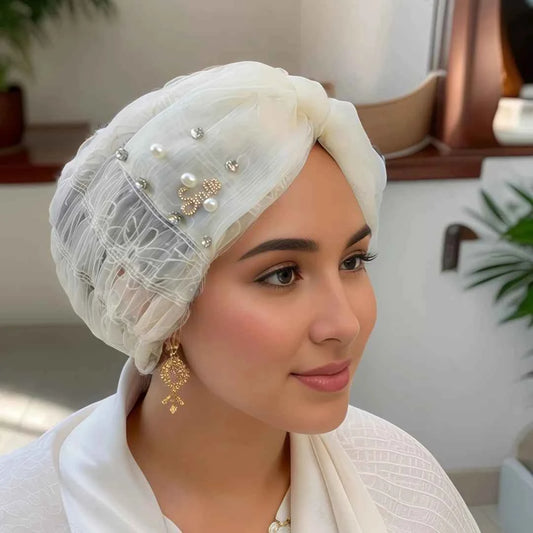 Indian Turban Hat for Women Rhinestone Stretch Headwarp Head Cover Bonnet Muslim Crysta Pleated Headscarf Hat