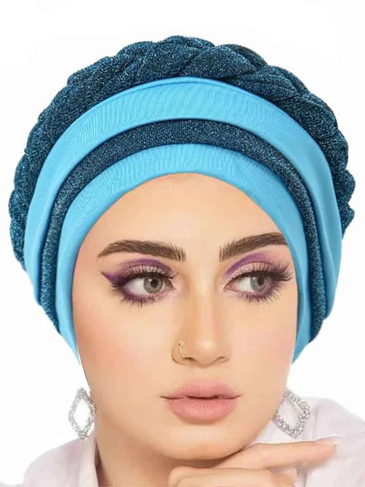 Glitter Full Body Pleated Turban Cap for Women 2025 Lady Head Wraps Muslim Headscarf Hat Turbante Mujer African Headpiece