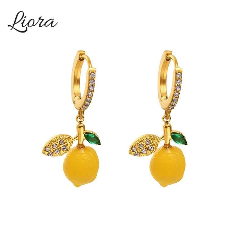 Liora eye-catching Fruit Lemon Drop Earrings for Women Stainless Steel Zircon Hypoallergenic Stud Earrings Jewelry Wedding Gifts