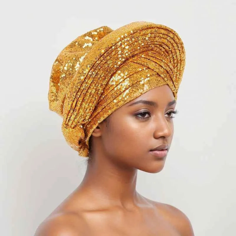 Sequins Auto Gele Headtie African Women's Head Wraps Fashion Turban Cap Nigeria Wedding Geles Already Made Head Ties Headpiece