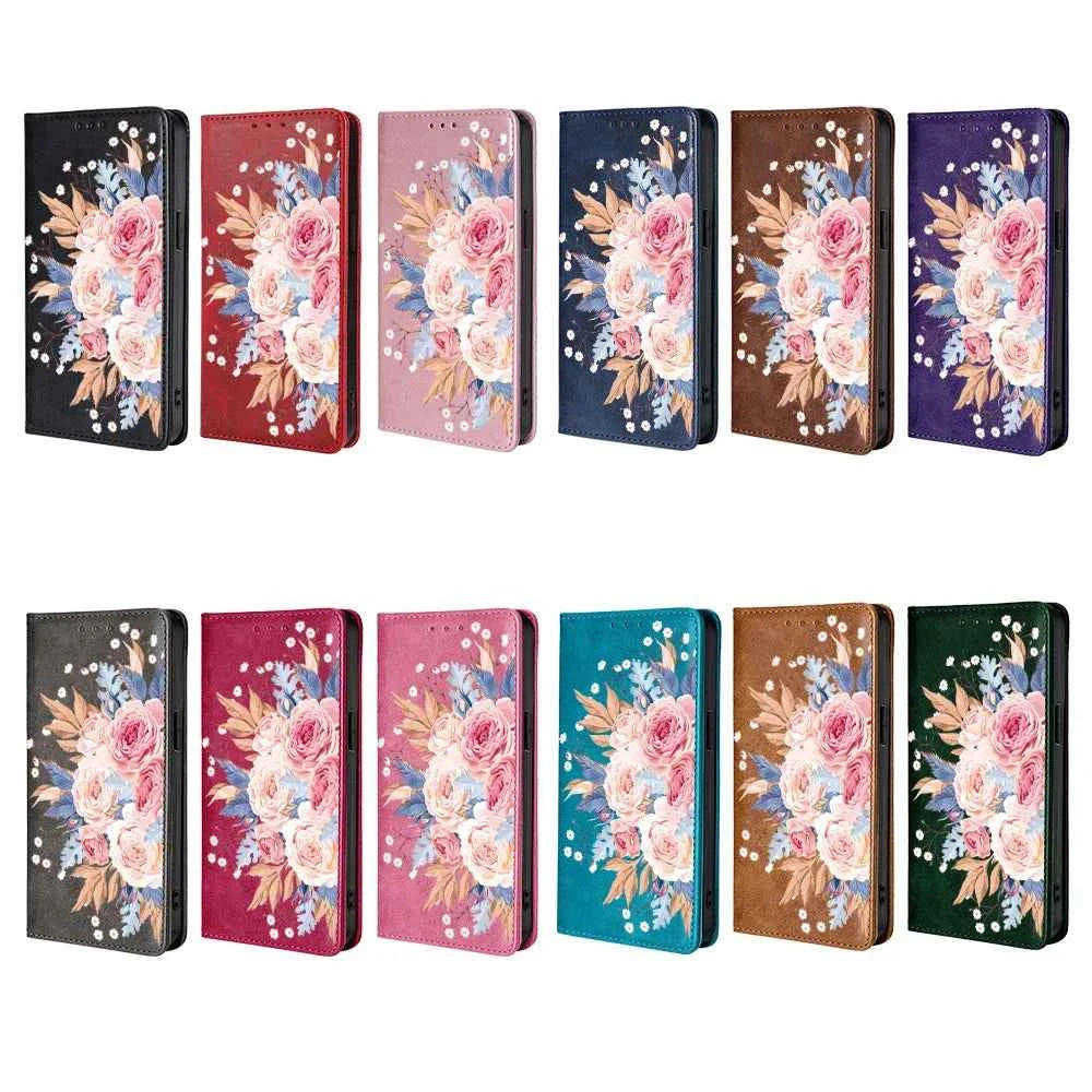 Flower Pattern Magnetic Leather Flip Wallet Case for iPhone 17 Pro Max 16 15 14 13 12 11 Pro Max 16 Plus Air Card Slots Holster