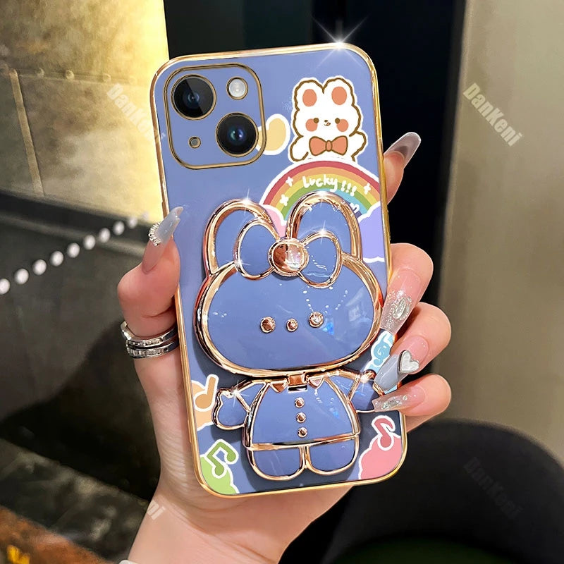 13 14 Lucky Rabbit Holder Bracelet Plating Phone Case For iPhone 13 14 12 15 Pro Max Mini 15 14 Plus XS XSMax XR X Cover