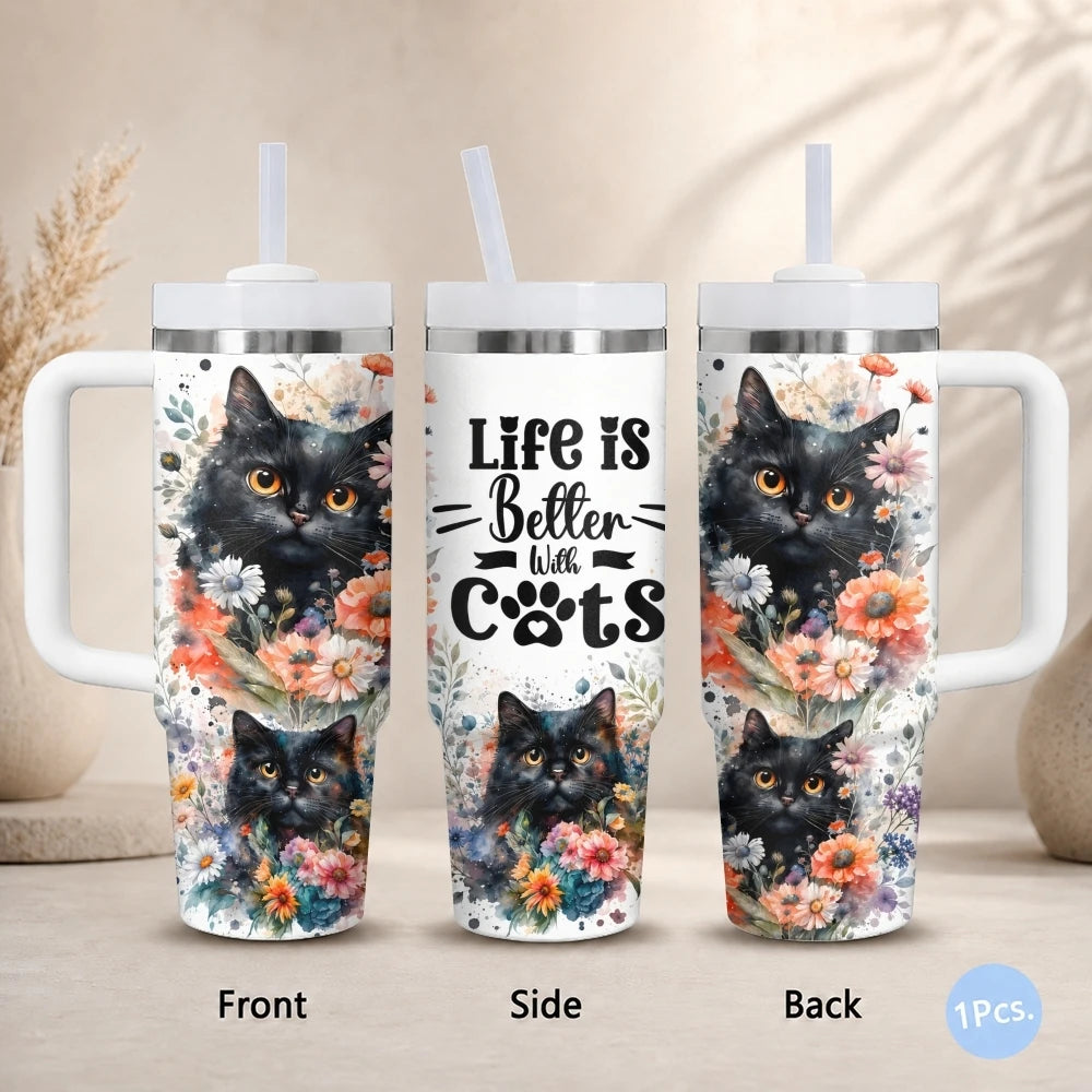 Cat & Floral 40oz Tumbler – Cute Stainless Steel Insulated Cup with Straw