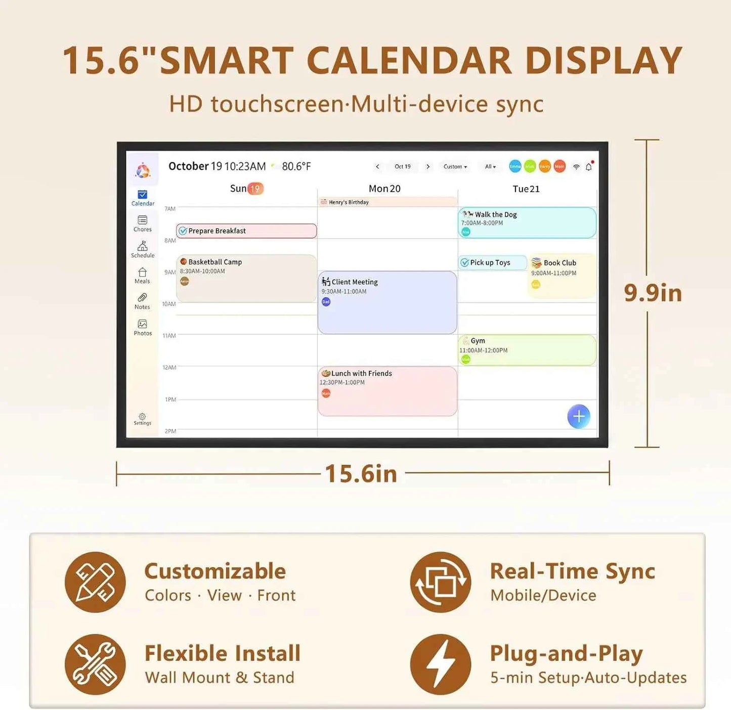 15.6 Inch Wall Planner Digital Calendar Chore Chart Smart Touchscreen Interactive Display APP Control 64GB for Family Schedules