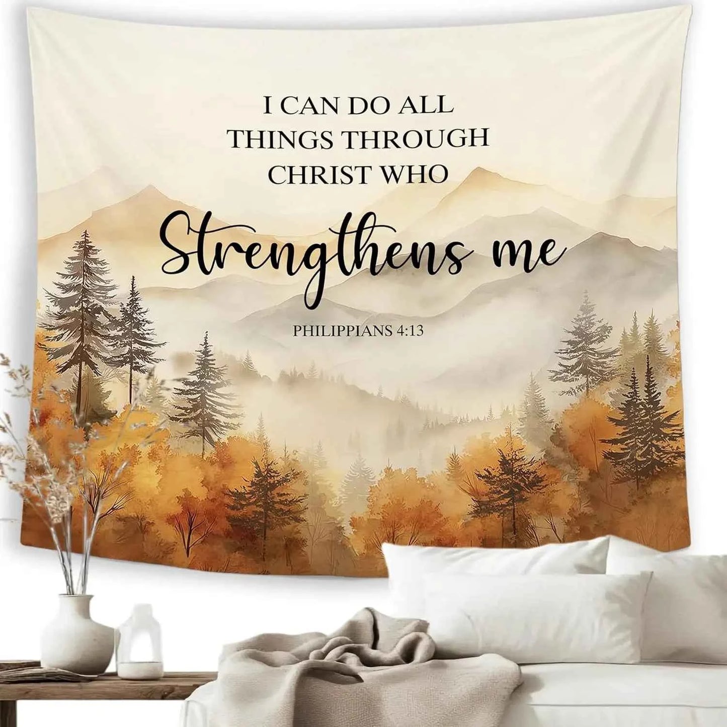 Christian Fall Mountian Wall Tapestry Hanging for Bedroom, Bible Verse I Can Do All Things Tapestries,Watercolor Autumn Orange