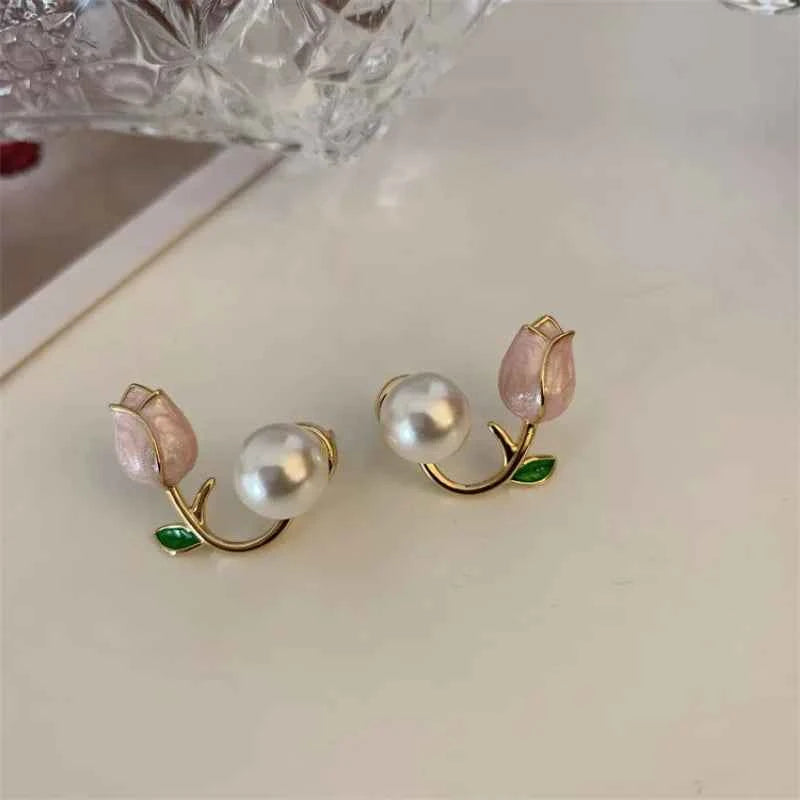 French Light Luxury Pink Tulip Flower Pearl Stud Earrings For Women Korean Zircon Exquisite Earring Party Christmas Jewelry Gift