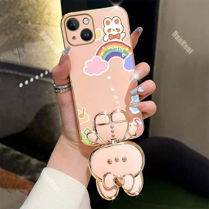 13 14 Lucky Rabbit Holder Bracelet Plating Phone Case For iPhone 13 14 12 15 Pro Max Mini 15 14 Plus XS XSMax XR X Cover
