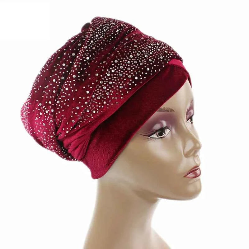 Women Velvet Muslim Wrapped Head Turban Scarf  Hat Long Tail Style Elegant Female Head Wraps Solid Color Party Turban Headwear