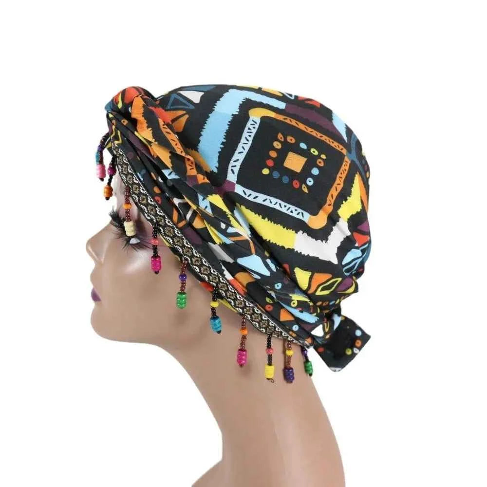Bonnet Hat Elastic Colorful Beaded Headscarf Breathable Hijab Pre-tie Head Wraps Dome Indian Style Jacquard Pullover Cap Gifts