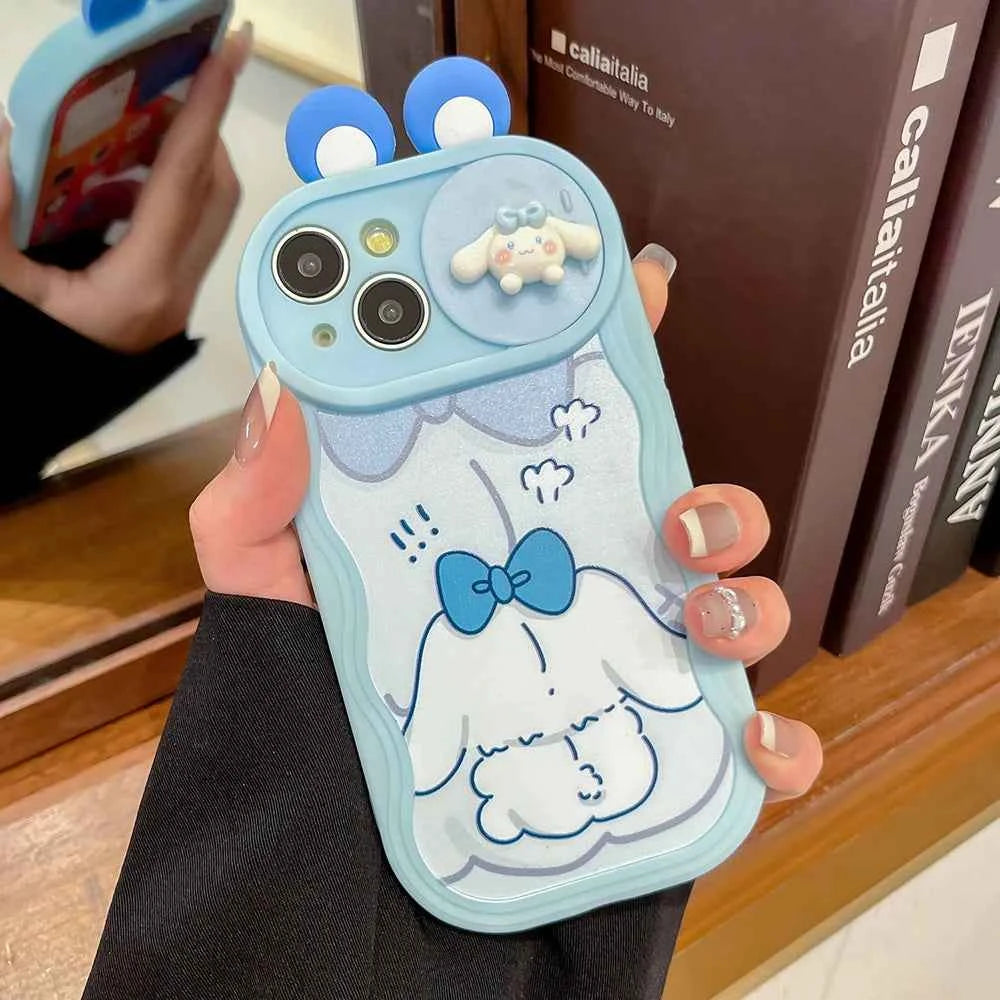 3D Ears Toy Kitty Kuromi Melody Cartoon Sliding Camera Case for iPhone 16 Pro Max 11 12 13 Pro 14 Plus 15 XS XR Wave Phone Capa