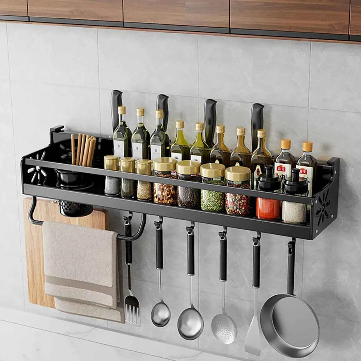 Metal Kitchen Shelf No-Punch Large Capacity Storage Kitchen Utensils Skeletonized Drainage Design Easy to Clean Black