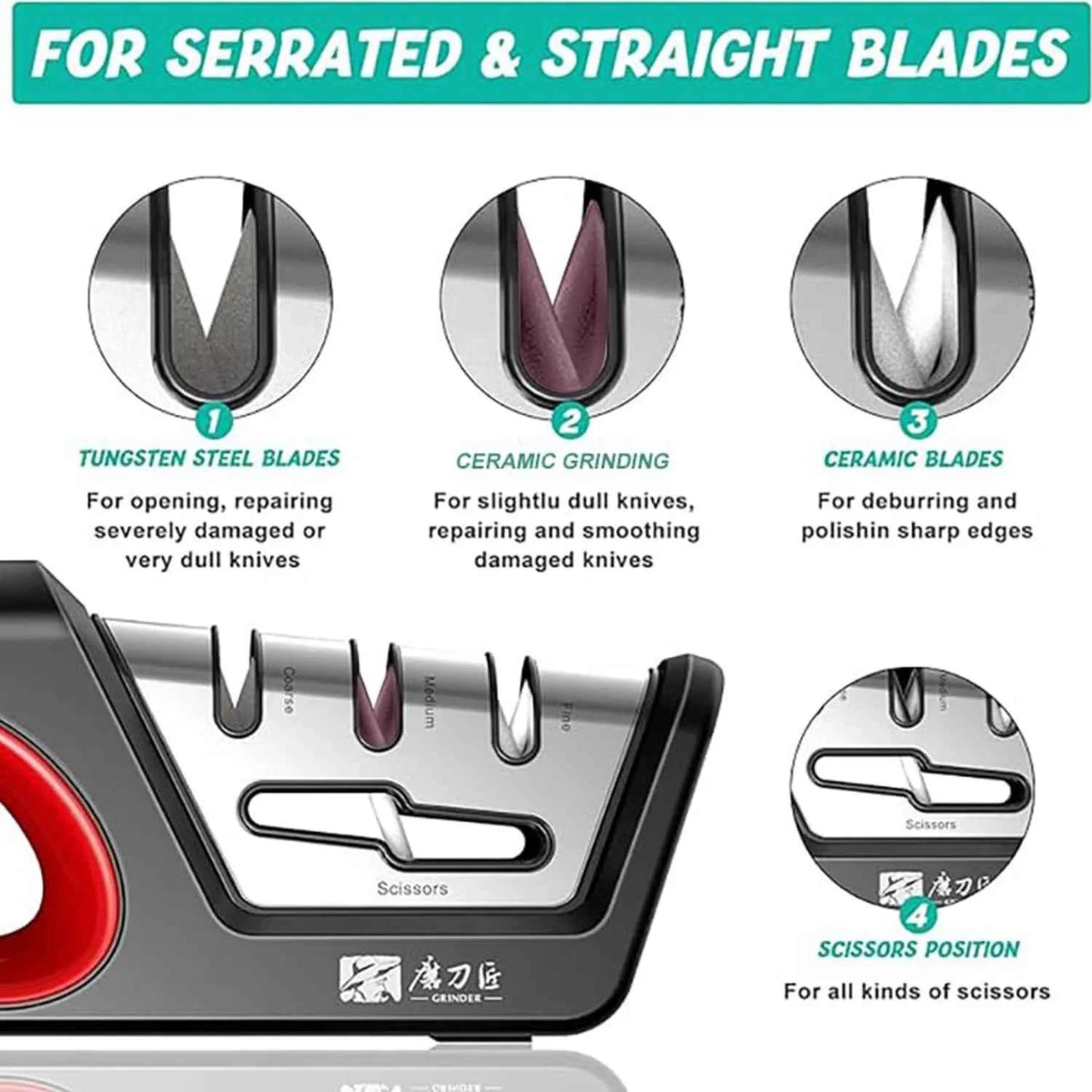 Four in one kitchen sharpener restores serrated blade knives and scissors, diamond tungsten steel ceramics