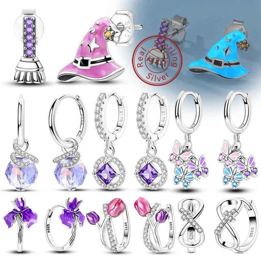 New Original 925 Sterling Silver Hoop Earrings Purple Zircon Flowers Butterflies Studs Earring For Women Wedding Engagement Gift