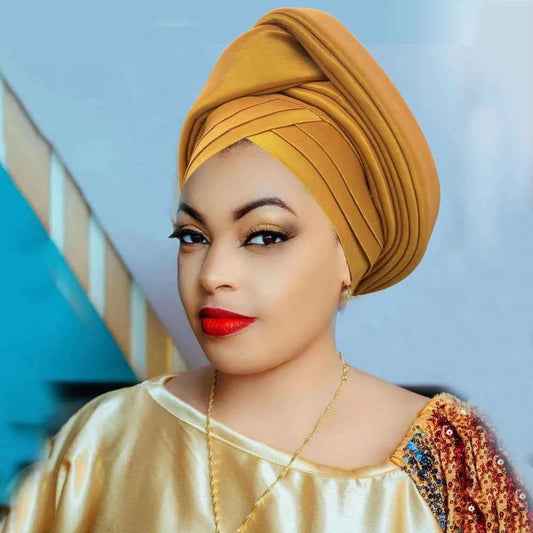 Nigeria Raw Silk Autogele Headtie Wedding Party Headwear Turbante African Lady Head Wraps Knoted Turban Cap for Women