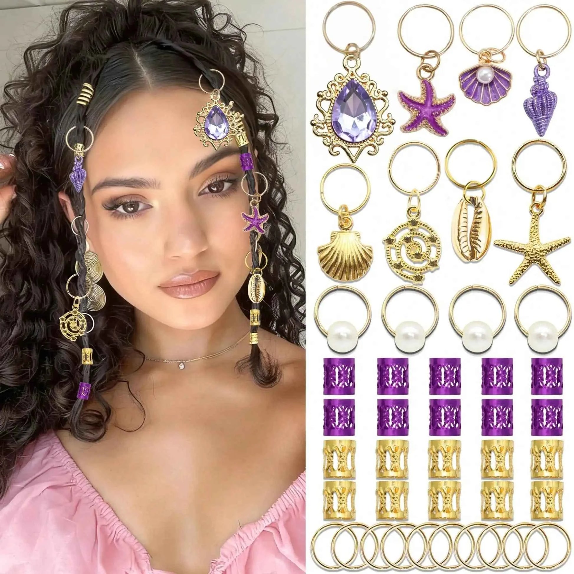 42pcs Ocean Starfish Shell Hair Rings Set Nautical Theme Braid Hair Charm Beach Vacation Hair Cuffs Set