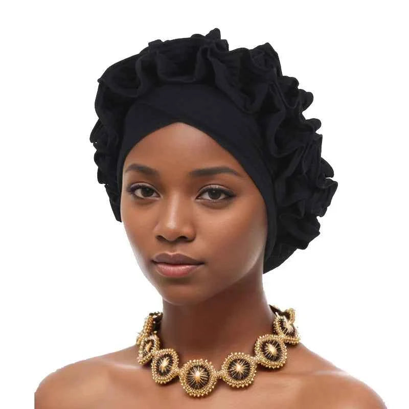 Ruffle Flower Women’s Turban Cap – African & Indian Headwrap, Muslim Bonnet Headscarf