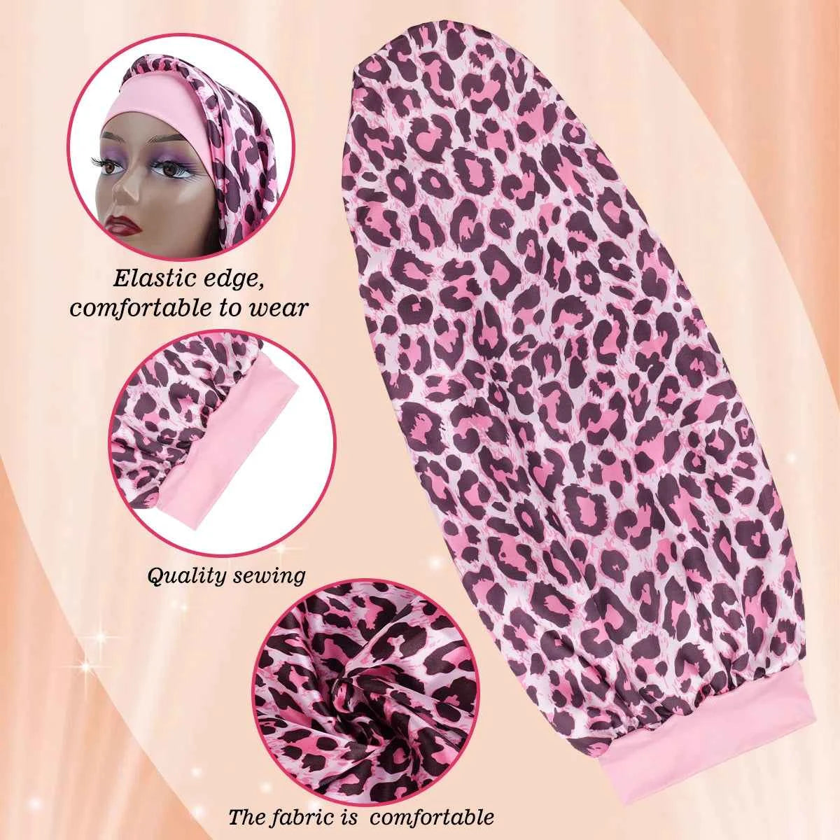 Women's Long Round Tail Bonnet-Silk Sleep Bonnet with Wide Elastic Edge-Hair Protector for Curly & Straight Hair-Leopard Print