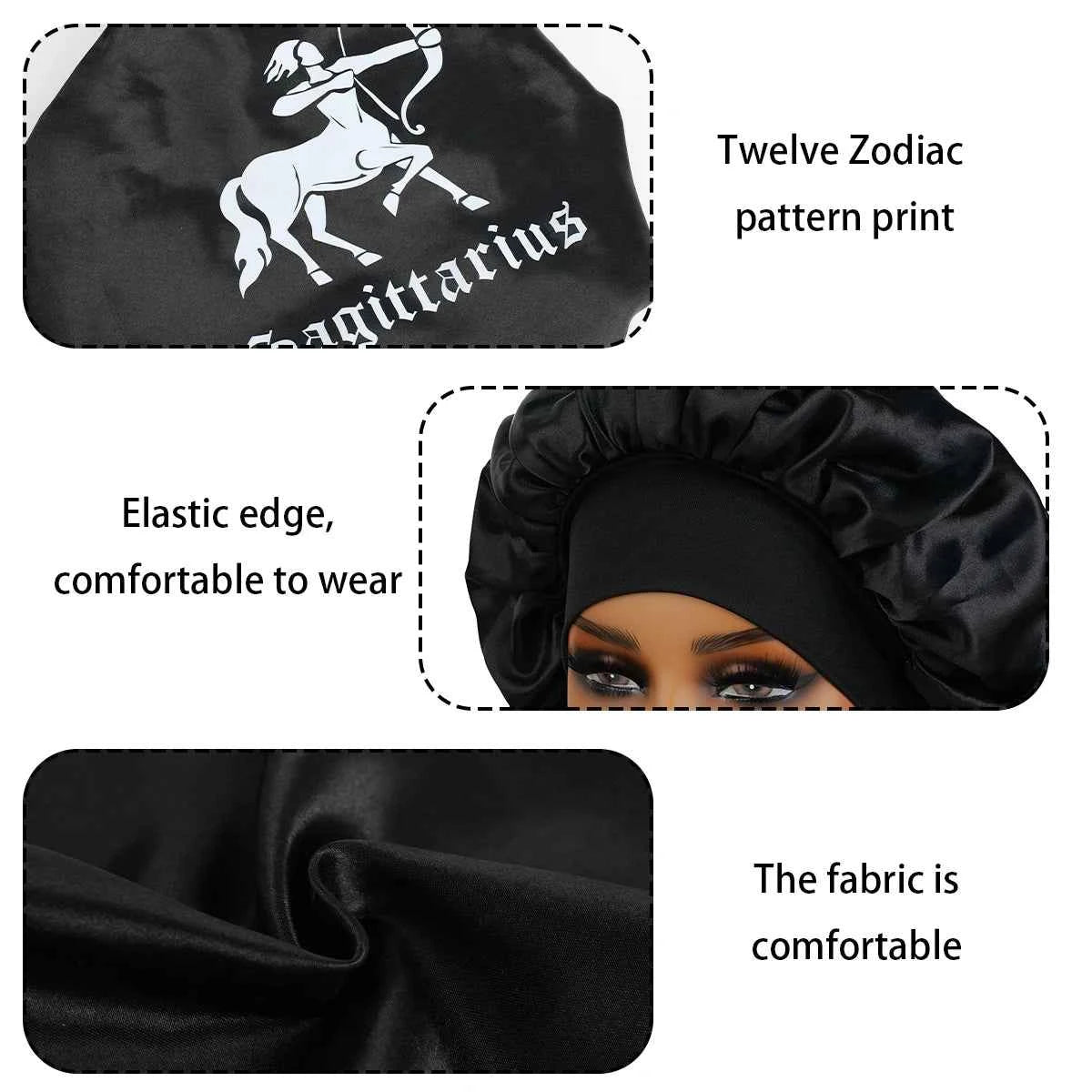 (1-Pack) Reversible Satin Sleep Bonnet Adjustable Wide Band Hair Protection for Nighttime Makeup & Routines Hidden Zodiac Print