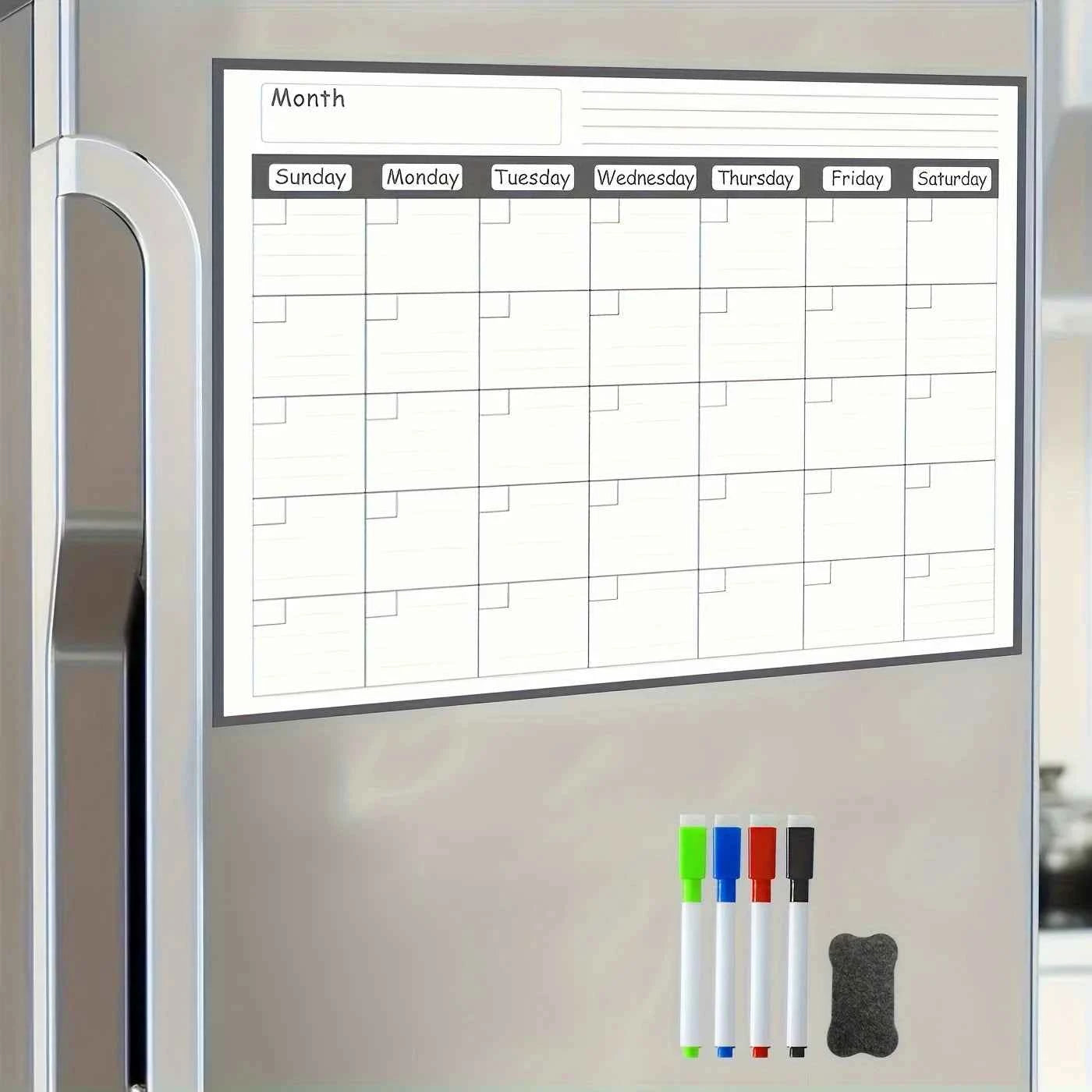 Magnetic refrigerator calendar planner is erasable and reusable, making it easy to organize kitchen refrigerators and meal plans
