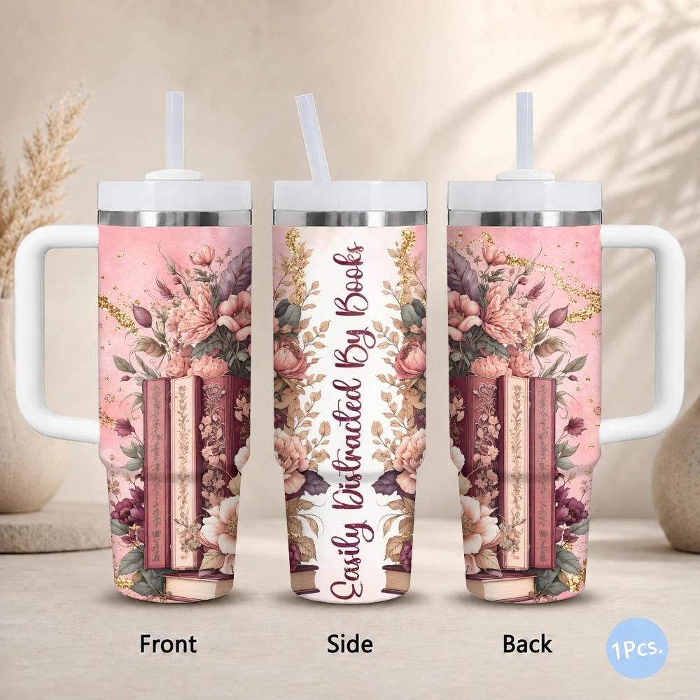 Floral & Book Lover 40oz Tumbler – Insulated Stainless Steel Cup with Straw