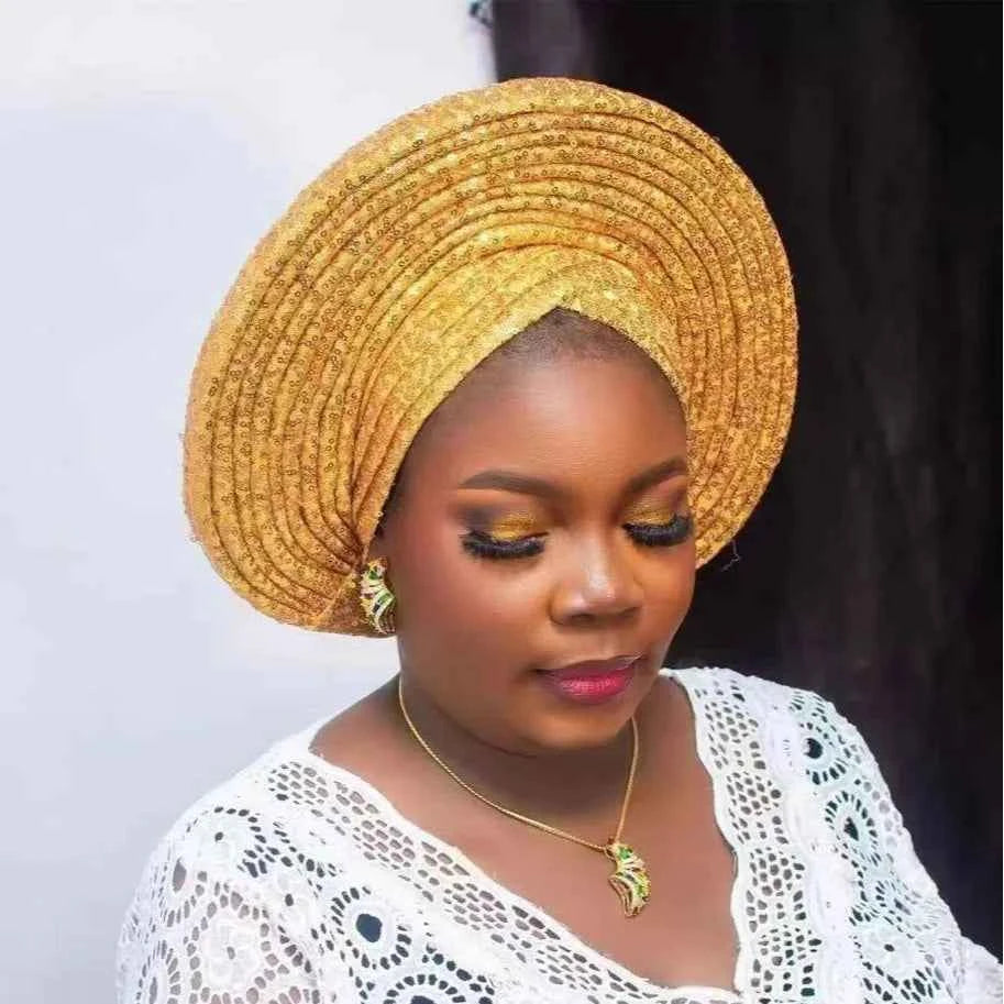 Sequins Auto Gele Headtie African Women's Head Wraps Fashion Turban Cap Nigeria Wedding Geles Already Made Head Ties Headpiece