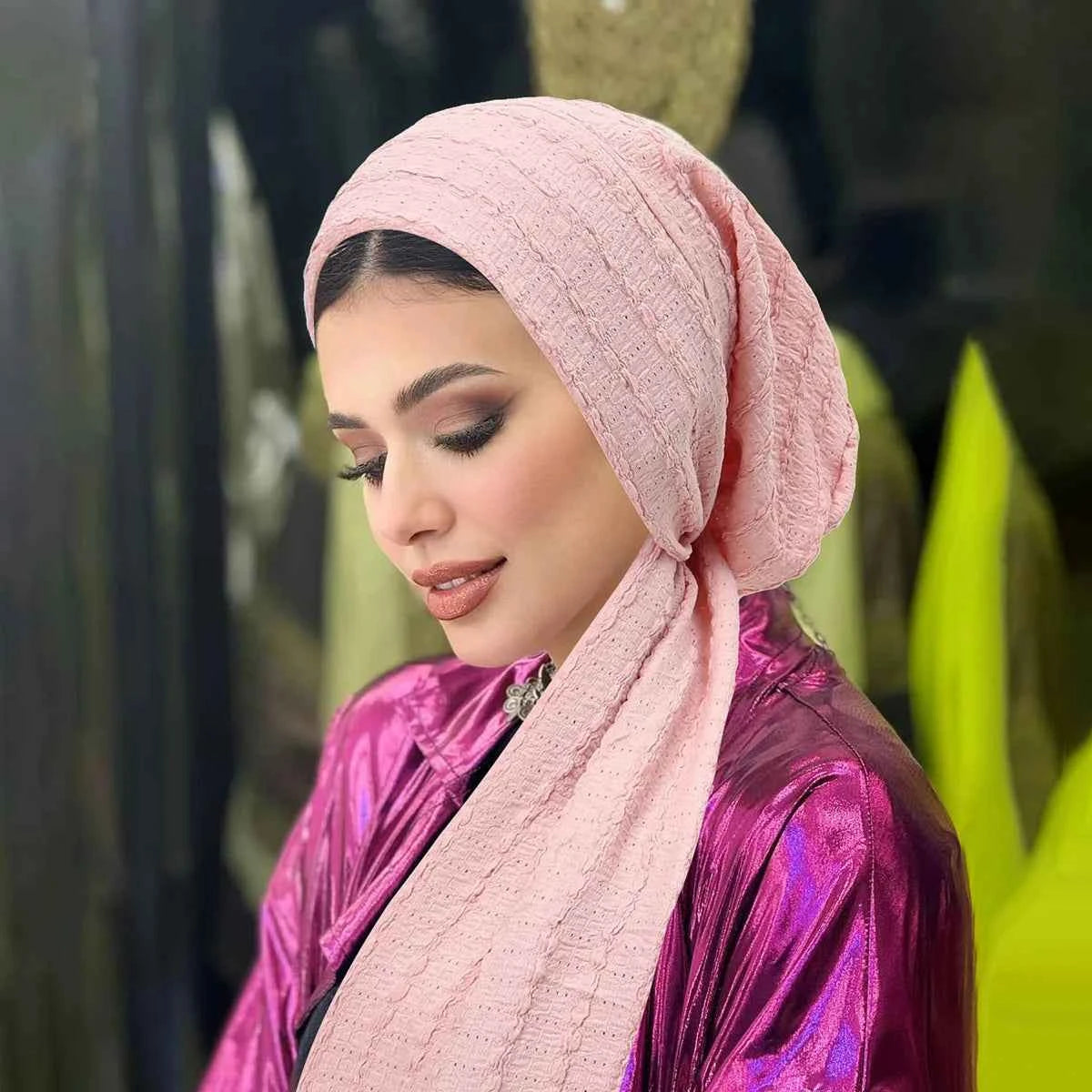 Ramadan Solid Color Crinkle Turban Hijab Hats Long Tail Head Wraps Soft Strech Muslim Hats Breathable Chemo Cap For Women Girls