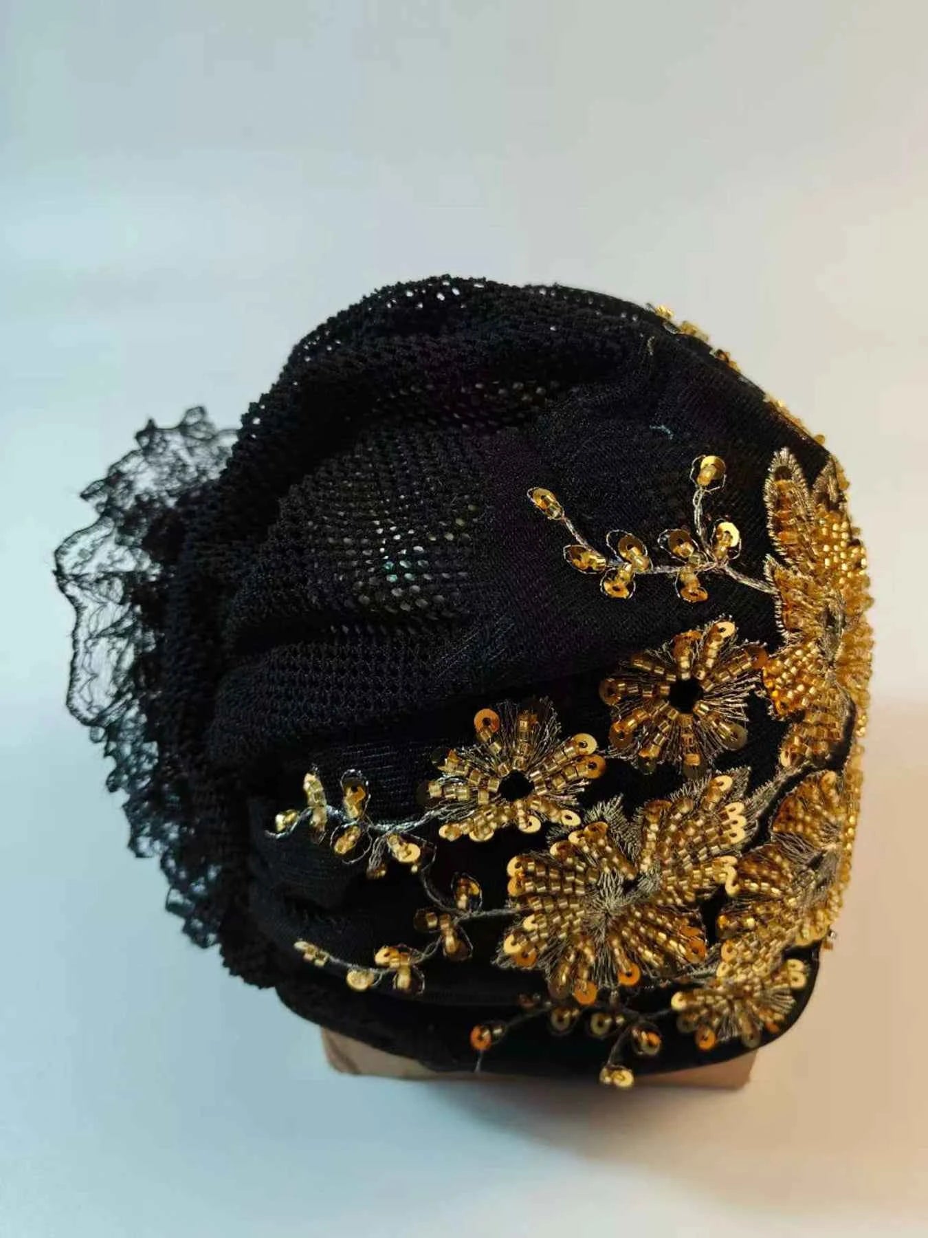African Female Wrap Head Bonnet Muslim Turban Hat Lady Head Wraps Glitter Luminescence Beading Pleated Turban Cap for Women