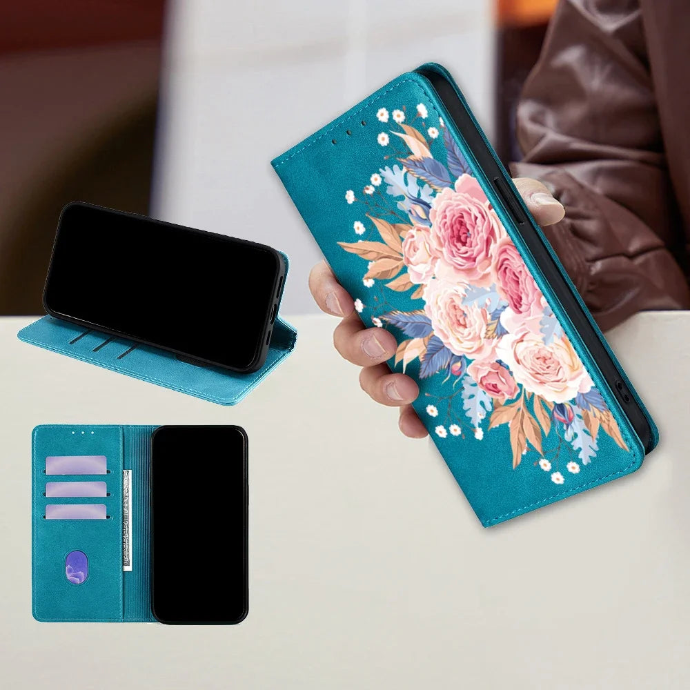 Flower Pattern Magnetic Leather Flip Wallet Case for iPhone 17 Pro Max 16 15 14 13 12 11 Pro Max 16 Plus Air Card Slots Holster