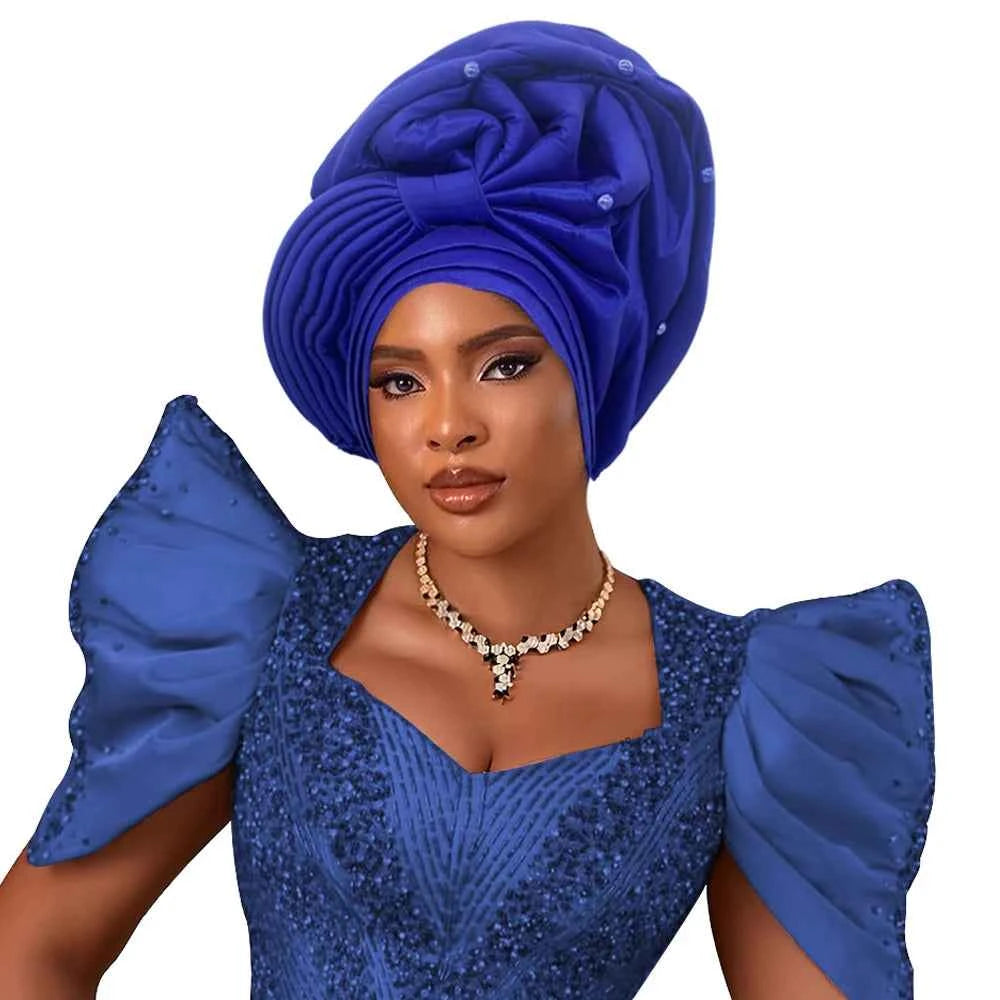 African Female Head Wraps Raw Silk Turban Cap for Women Nigeria Wedding Party Headcover Hat Ready to Wear Head Ties