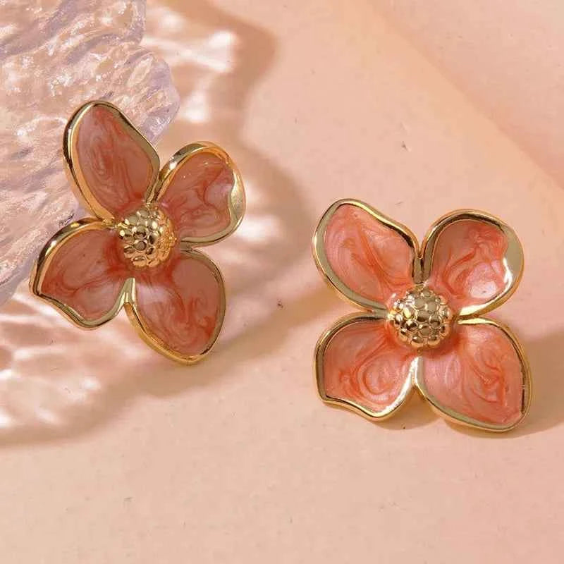 DLHP Vintage French Stainless Steel Drip Enamel Glaze Flower Earrings For Women Delicate Luxury Couple Engagement Jewelry Gifts