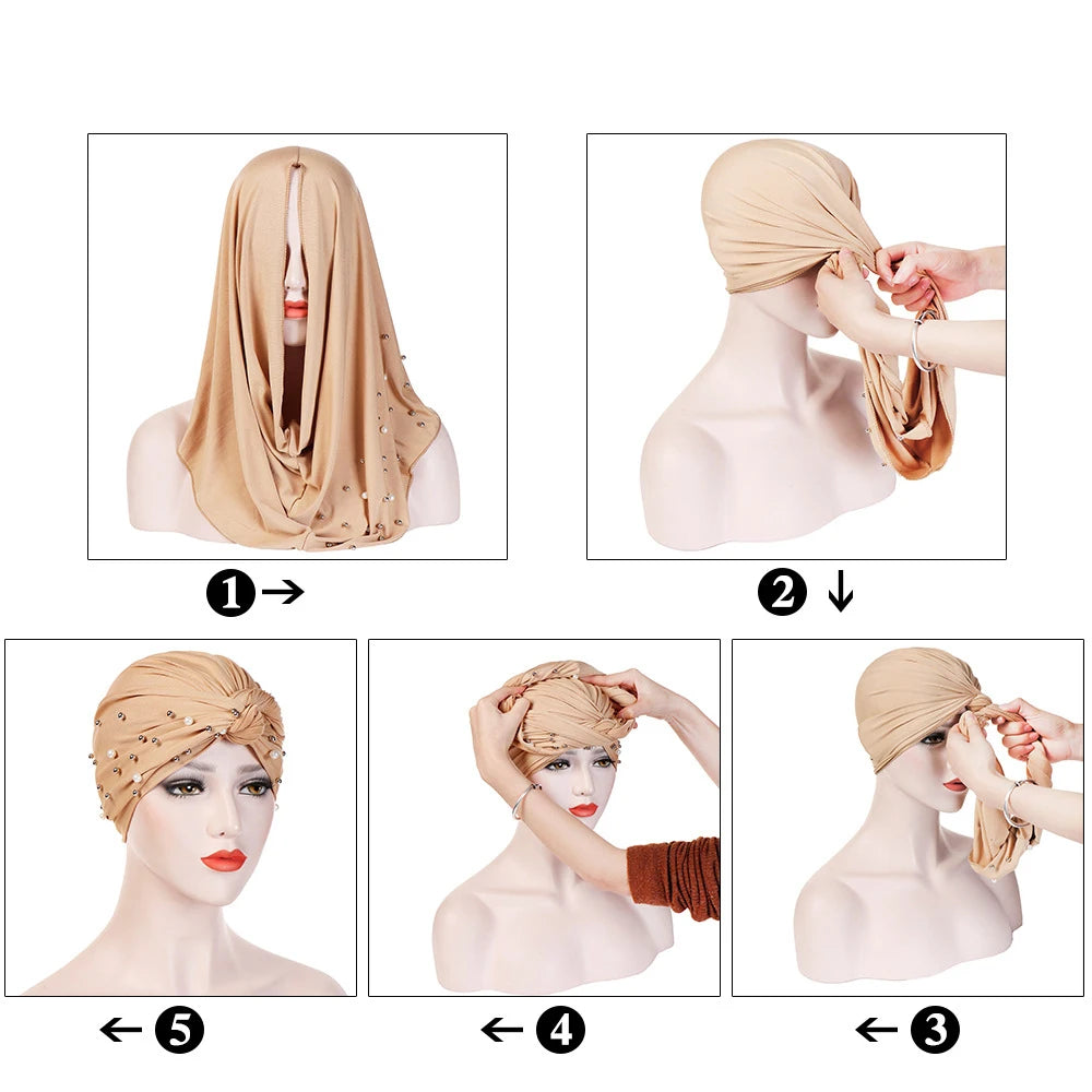 2024 Suede Twisted Turban Cap for Women Beading Head Wraps Bonnet Muslim Headscarf Hat Lady Wrap Head Scarf - NamafadStore
