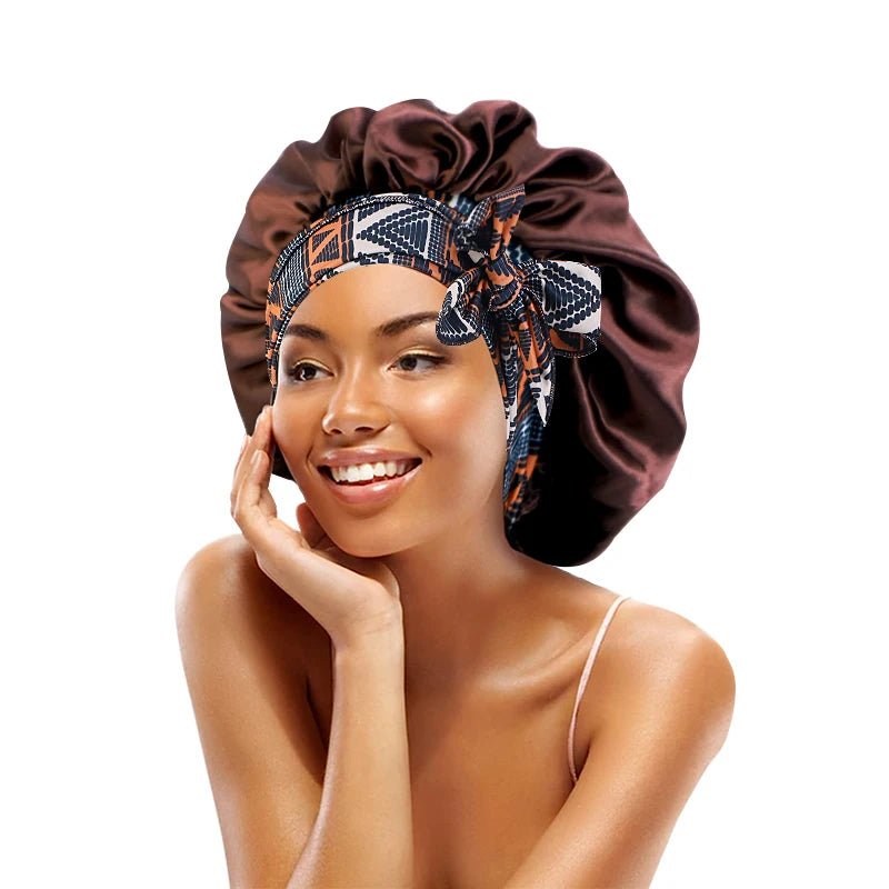 Women's Lace-up Satin Bonnet With Wide Stretch Ties Band Long Tail Bonnet Satin Cheveux Nuit Silky Sleeping Night Cap Bonnets - NamafadStore