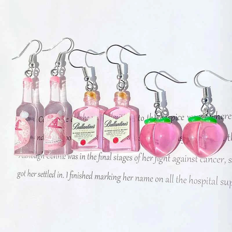 Transparent Pink Bottles Peach Drop Earrings Cute Funny Romantic 3D Simulation Fruit Drink Pendant Earring Women Gift Jewelry