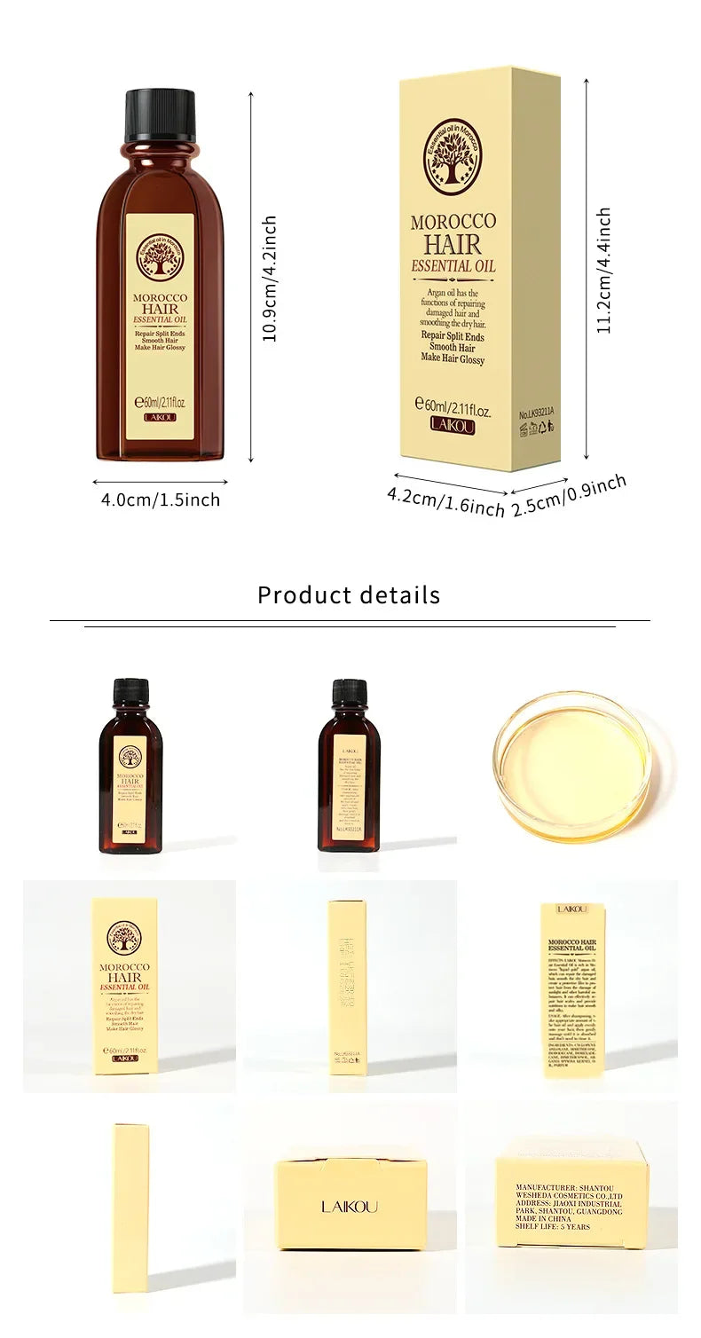 LAIKOU Morocco Hair Essential Argan Essence Oil Moisturizer Brightening Smooth Nourishing Repair Dry Damaged Hair 60ml
