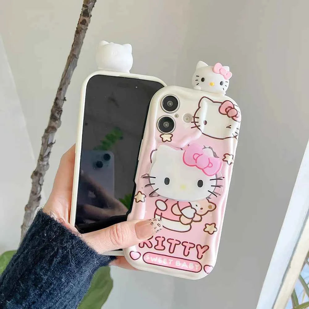 For Samsung Galaxy S25 Ultra S26 S24 FE S23 Plus S22 S21 S20 M55 Pink Kitty Head Grip Tok Holder Cartoon Wave Soft Phone Case