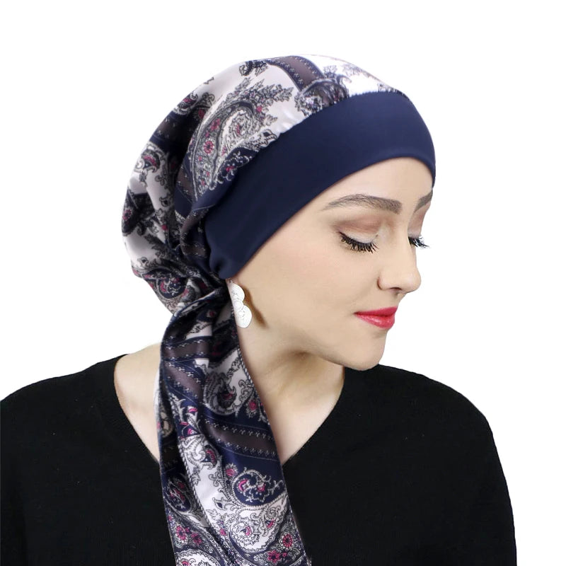 Printed Pre-tie Headscarf Women Elastic Muslim Female Turban Cancer Chemo Hat Hair Loss Cover Head Wrap Headwear Stretch Bandana - NamafadStore