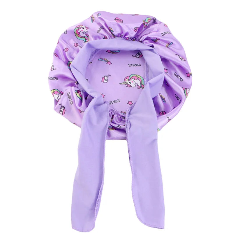 New Kids Unicorn Satin Bonnet Wide Elastic Band Ribbon Sleeping Cap Curly Natural Hair Child Night Caps Shower Cap Headscarf