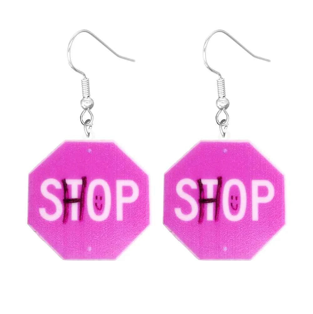 Cartoon earrings, acrylic cute, funny stop, road signs, warning signs, aliens