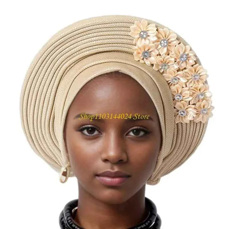 N5KE Flower Turban Hat African Headwrap Hat Formal Event Wedding Multilayer Turban