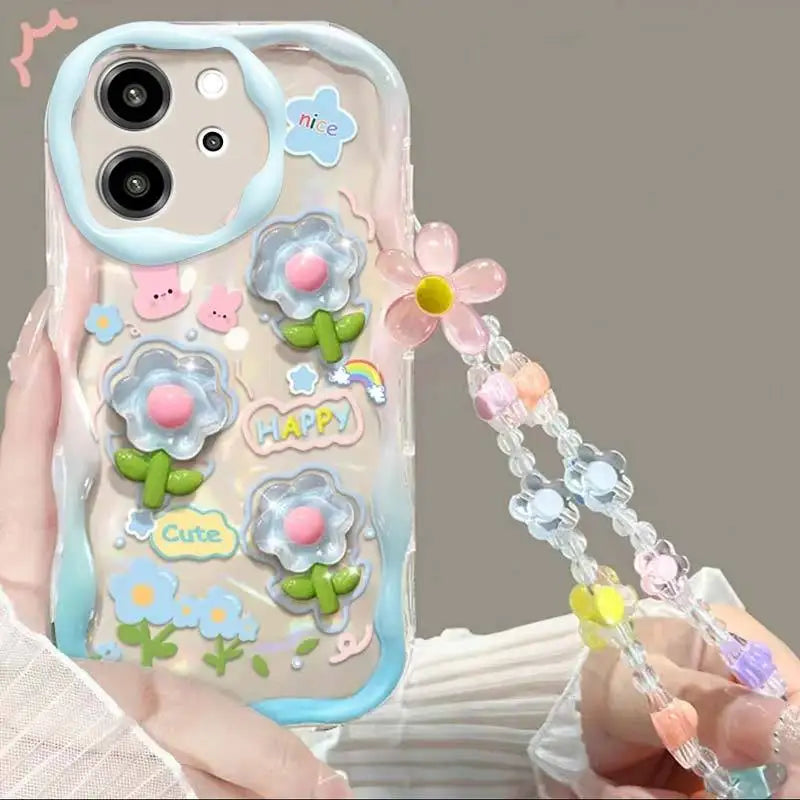 3D Cartoon Cute Flower Case For iPhone 16 15 14 Plus 13 12 Mini 11 Pro XR XS Max cover With Wrist Chain