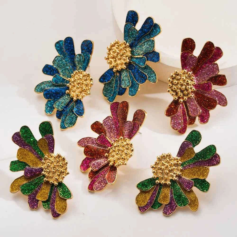 Big Statement Bohemia Rainbow Painting Flower Stud Earring for Women Vacation Metal Jewelry