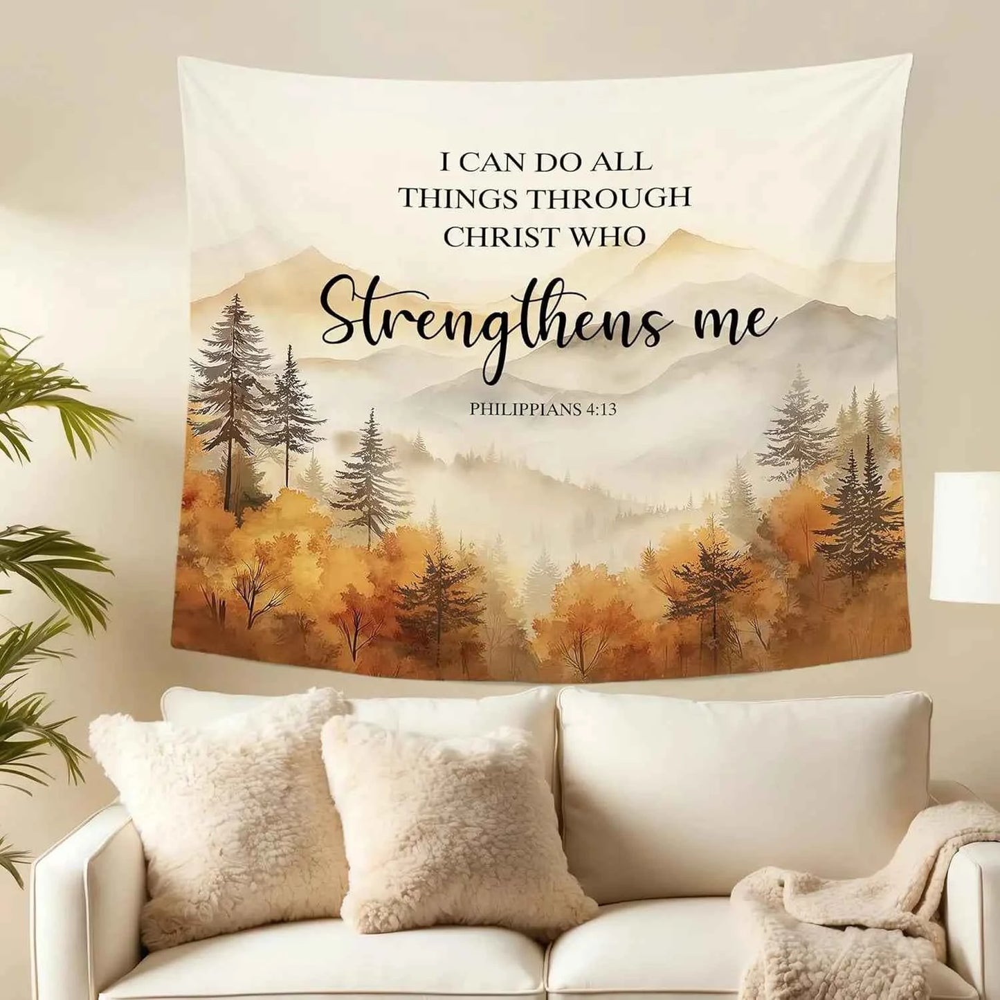 Christian Fall Mountian Wall Tapestry Hanging for Bedroom, Bible Verse I Can Do All Things Tapestries,Watercolor Autumn Orange