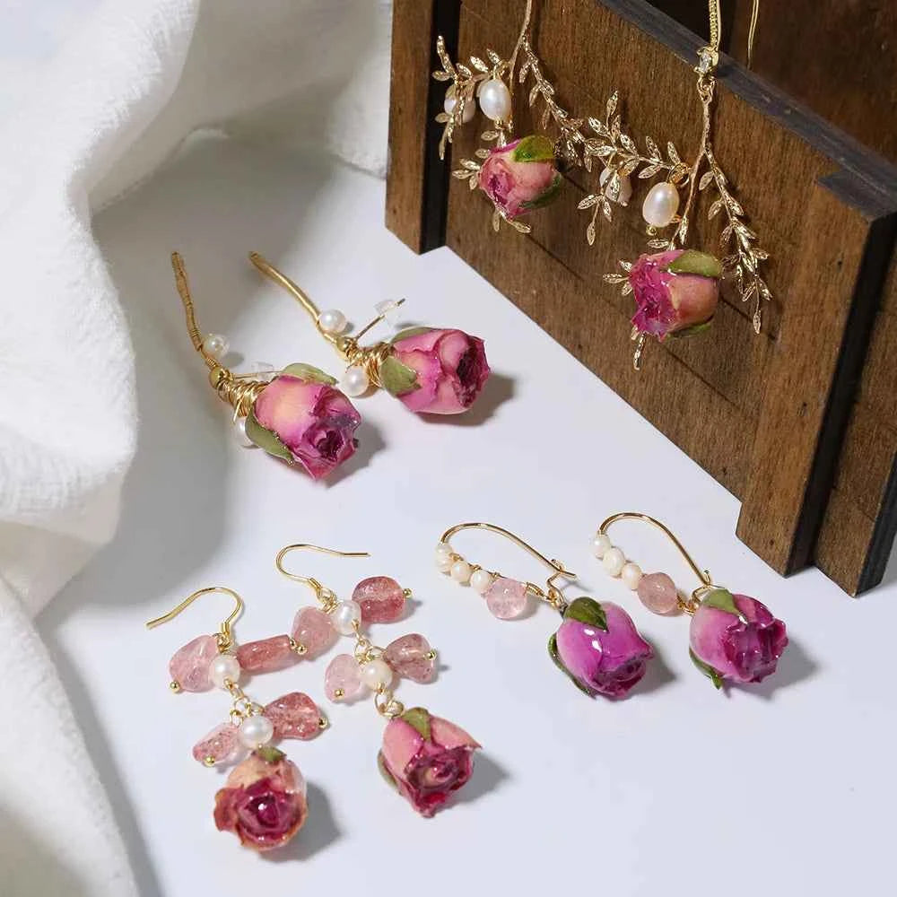 Natural Freshwater Pearl Drop Gel Flower Earrings Korean Style Women's Luxury Vintage Jewelry Fashion Ladies and Girls Gift