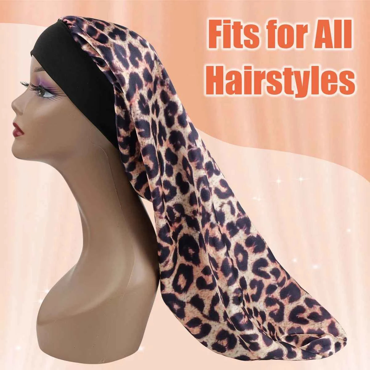 Women's Long Round Tail Bonnet-Silk Sleep Bonnet with Wide Elastic Edge-Hair Protector for Curly & Straight Hair-Leopard Print