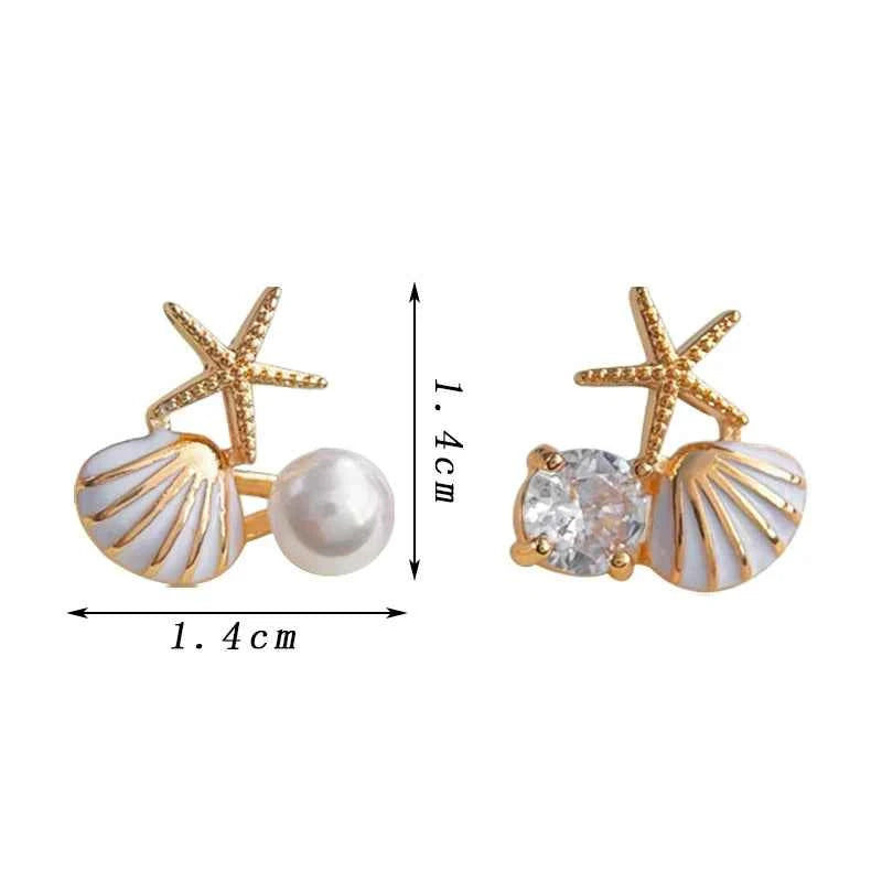 Cute Small Starfish Shell Stud Earrings for Women Asymmetric Rhinestones Imiation Pearl Charms Earrings Trendy Sweet Jewelry