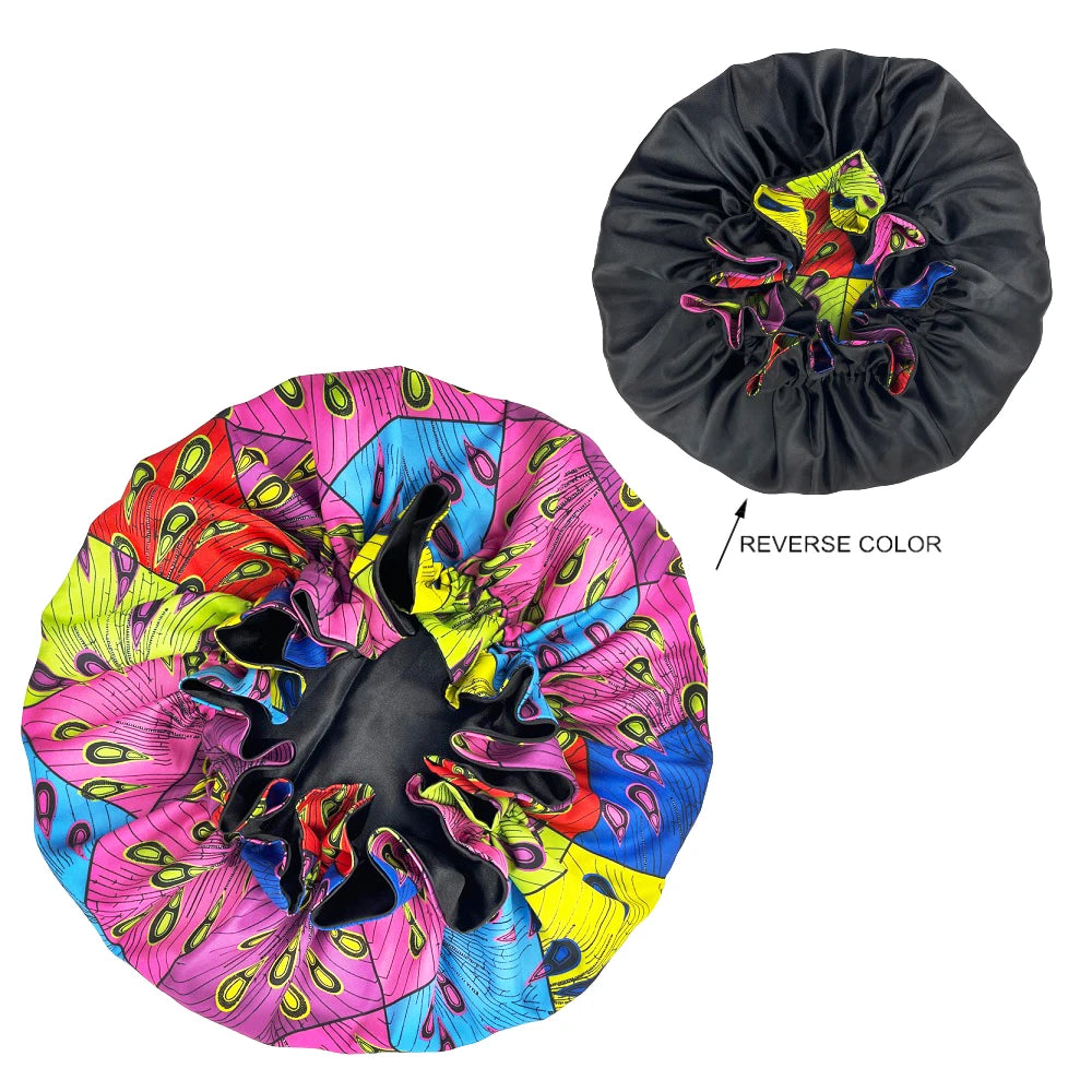 African Pattern Print Bonnet Hijabs Hat Women Night Sleep Cap Double Layer Satin Turban Extra Large Head Wear Lady Head Wrap Hat - NamafadStore