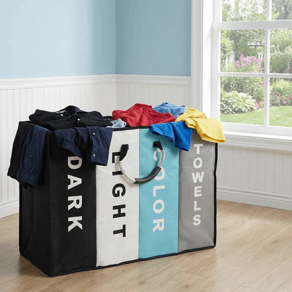 4-Grid Large Laundry Basket – Folding Divided Clothes Hamper with Handles