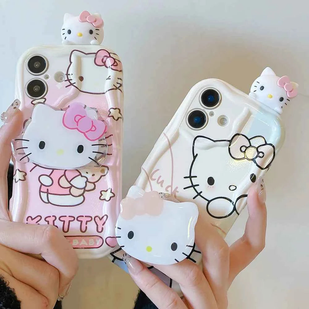 For Samsung Galaxy S25 Ultra S26 S24 FE S23 Plus S22 S21 S20 M55 Pink Kitty Head Grip Tok Holder Cartoon Wave Soft Phone Case