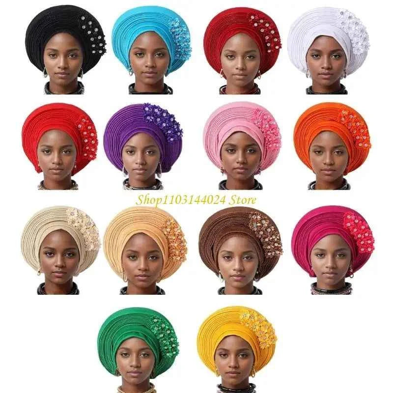 N5KE Flower Turban Hat African Headwrap Hat Formal Event Wedding Multilayer Turban